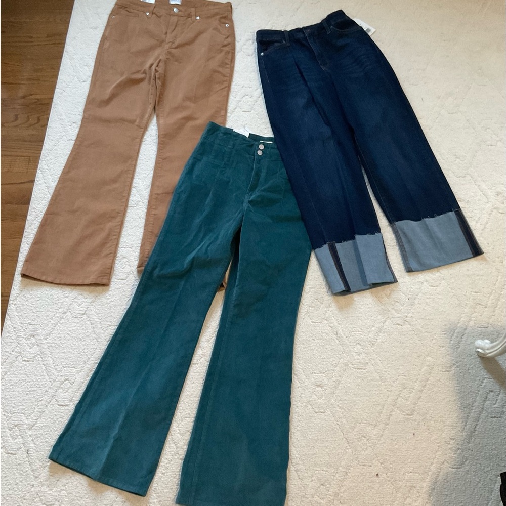NWT- 3 PAIR Stylish Flare Pants Trio in Brown, Teal, and Blue denim